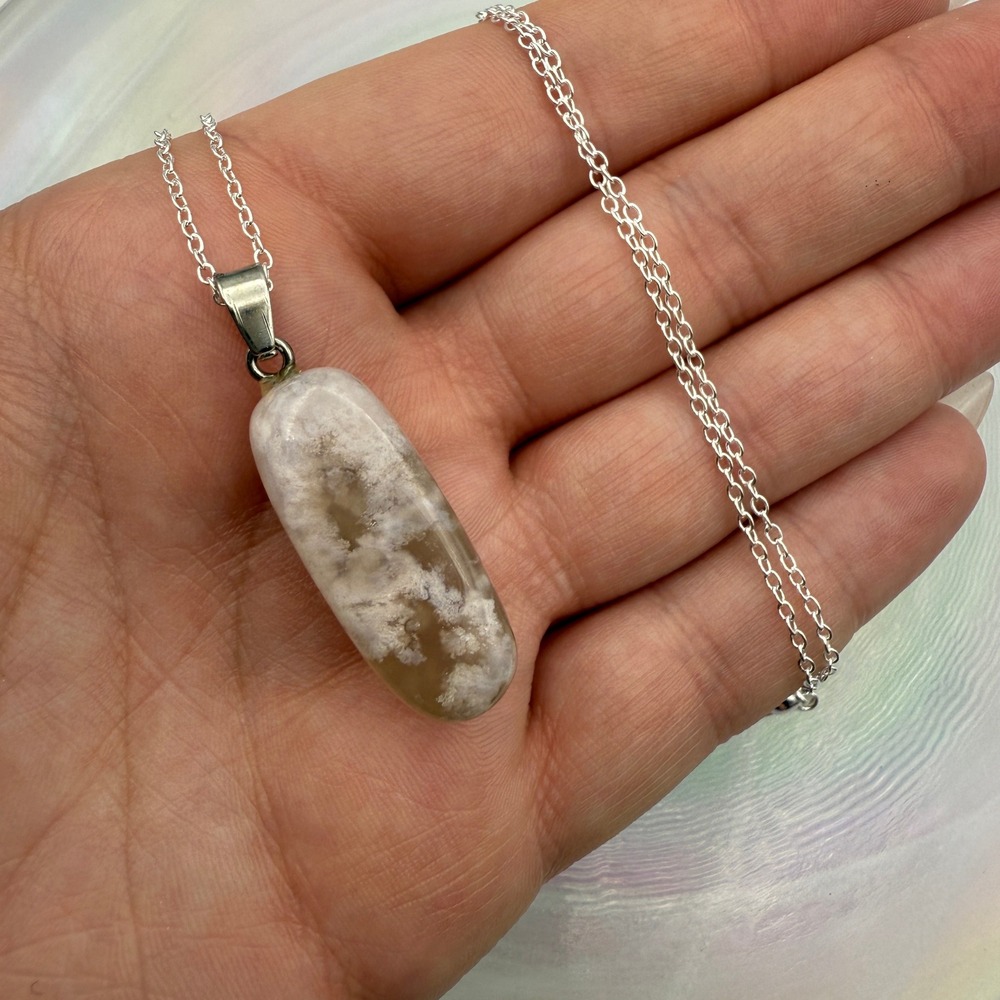 Flower Agate‎ Pendant Necklace Teardrop Stone Silver Chain Women's Jewelry